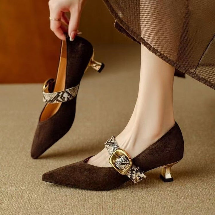 Marilyn | Women’s Chic Shoes - Suede Finish - Stylish Mid Heel - Pointed Toe - Elegant Buckle Strap