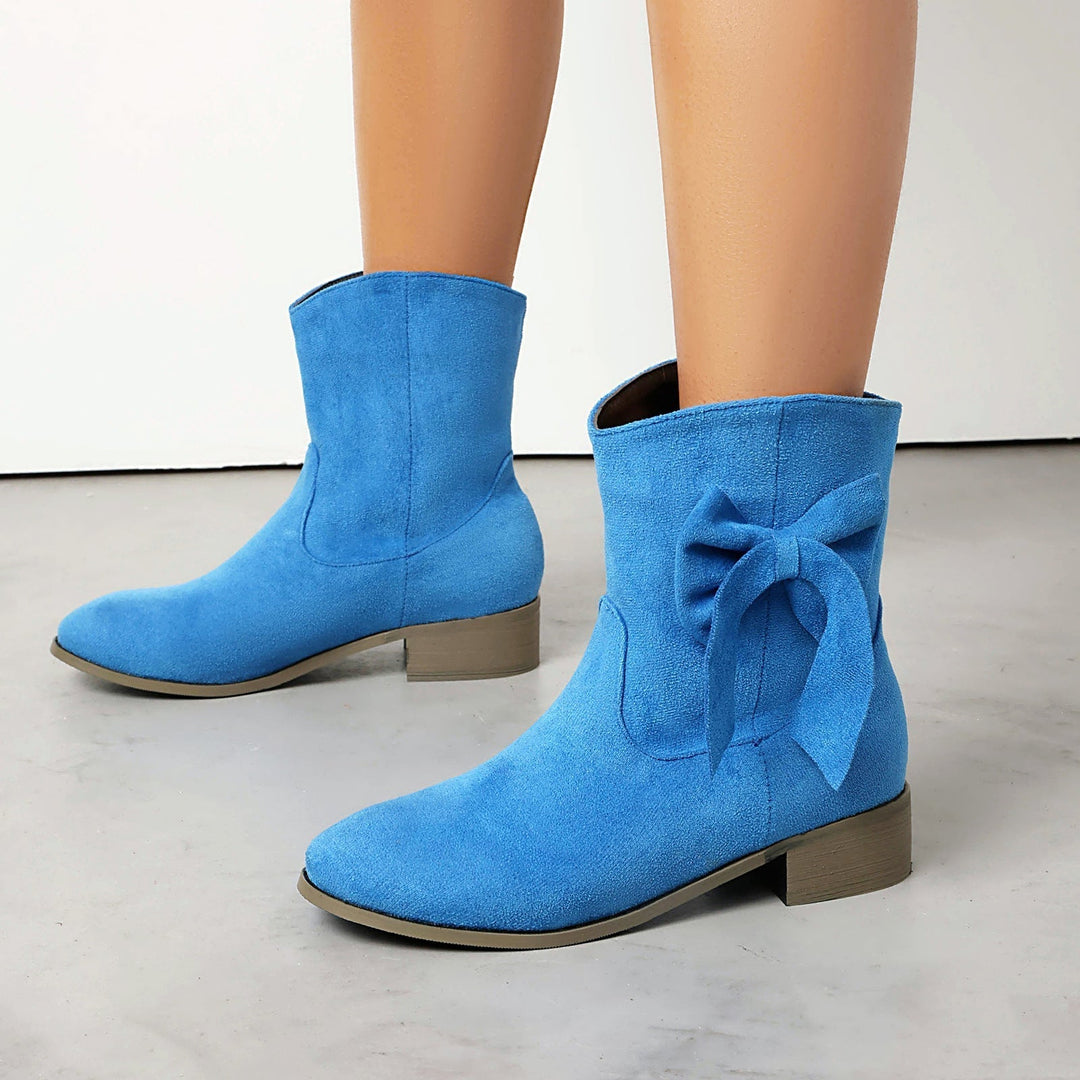 Janice | Stylish Women's Short Boots - Suede Finish - Low Heel - Decorative Bow