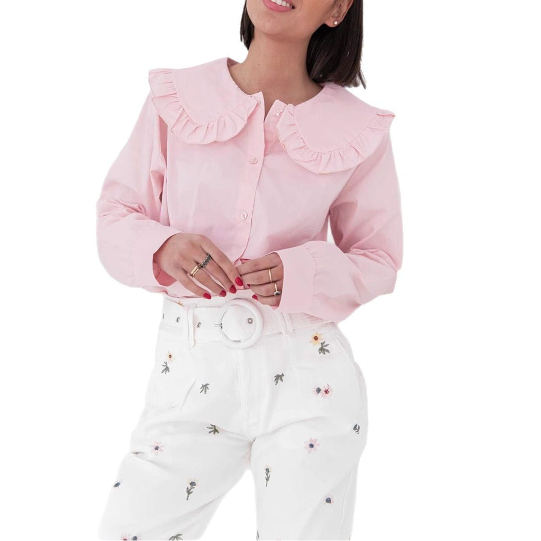 Camille | Women's Blouse - Oversized Cotton Blend with Ruffled Collar