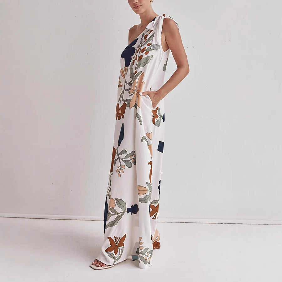Katherine | Flowy Cotton One-Shoulder Dress – Loose Fit – Bold Print