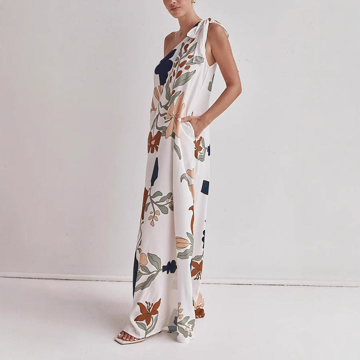 Katherine | Flowy Cotton One-Shoulder Dress – Loose Fit – Bold Print