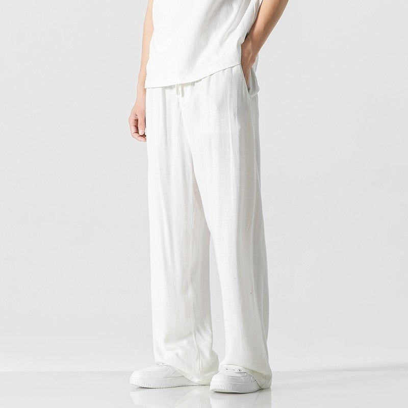 Jeffrey | Men’s Casual Linen Blend Trousers – Loose Fit – Full Length – Comfortable Drawstring Waist