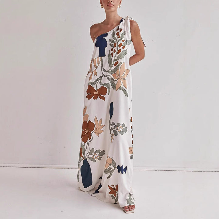 Katherine | Flowy Cotton One-Shoulder Dress – Loose Fit – Bold Print