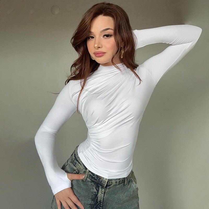 Carmen | Women’s Long Sleeve Top – Slim Fit – High Neck – Ruched Stretch Fabric – Soft Touch