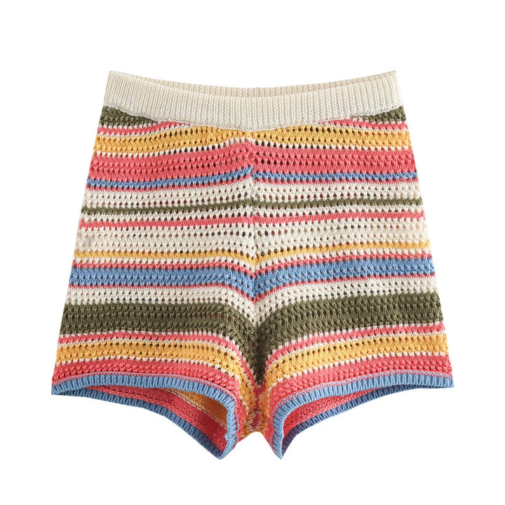Knitted Striped Collared Cardigan & Shorts Set