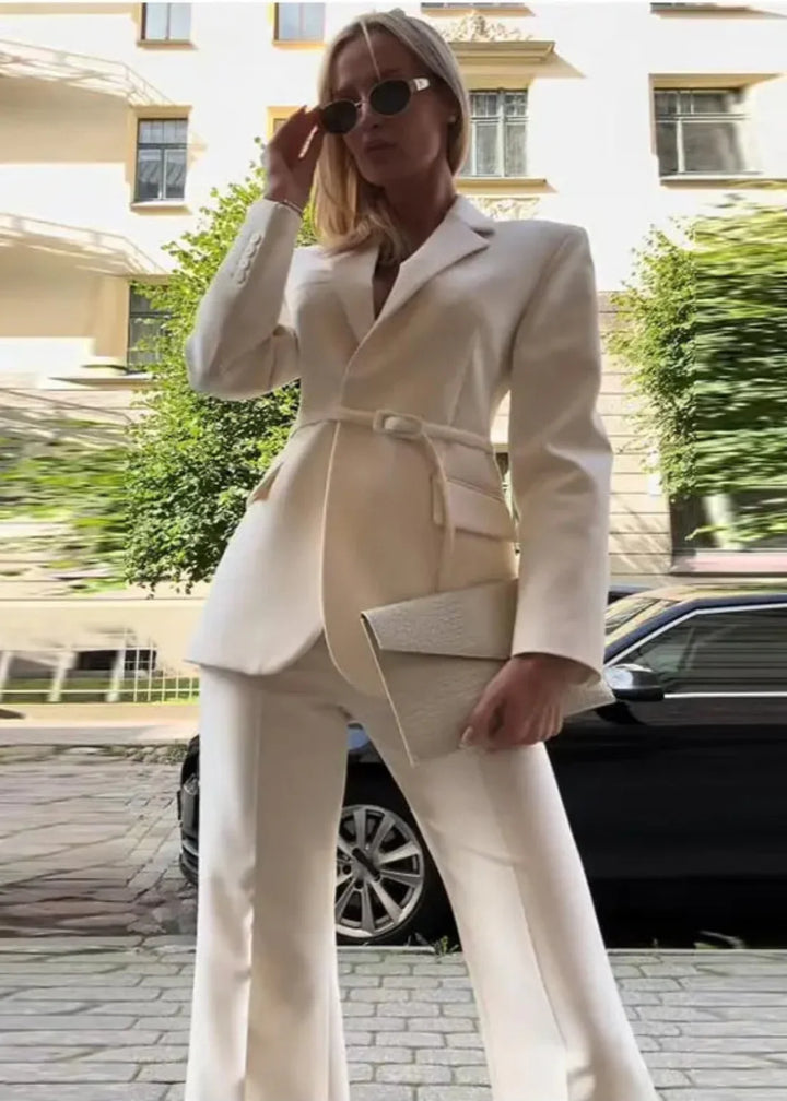 Belted Blazer & Wide-Leg Trouser Suit Set