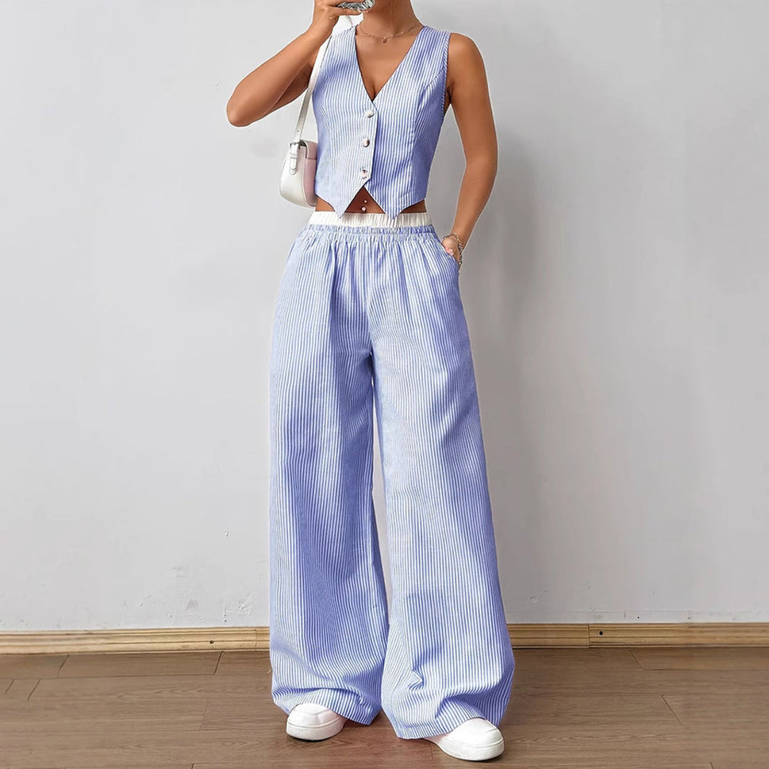 Striped V-neck Sleeveless Top & Wide Leg Pants
