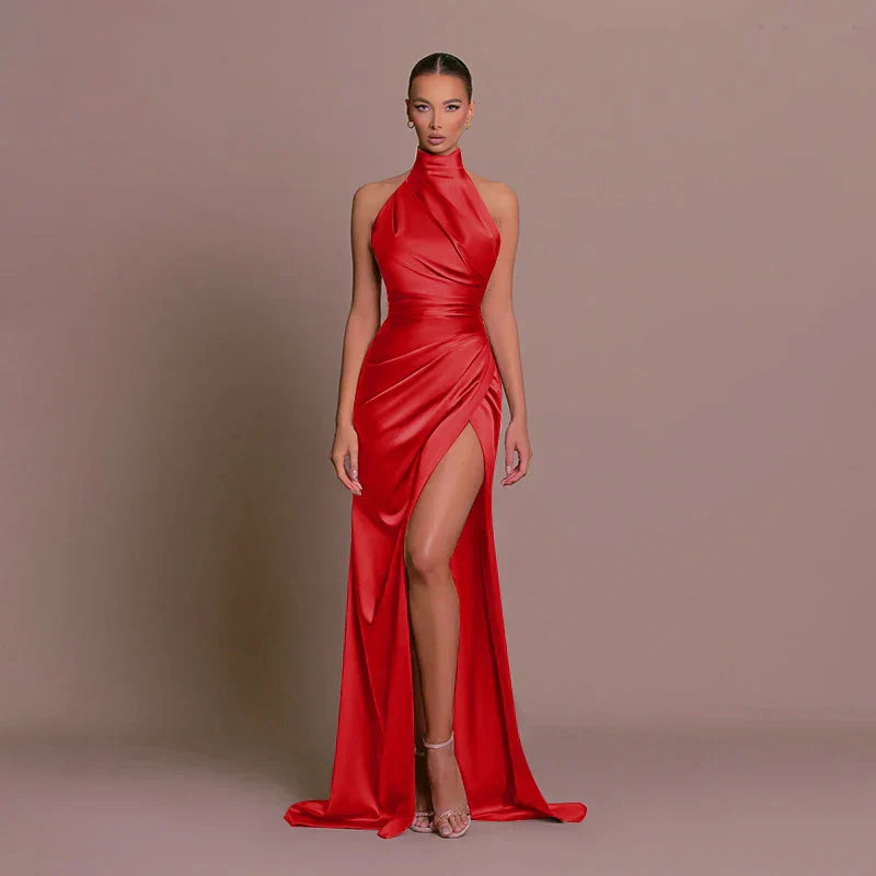 Carla | Elegant High-Slit Satin Evening Dress
