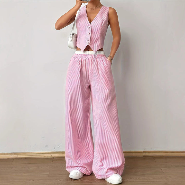 Striped V-neck Sleeveless Top & Wide Leg Pants