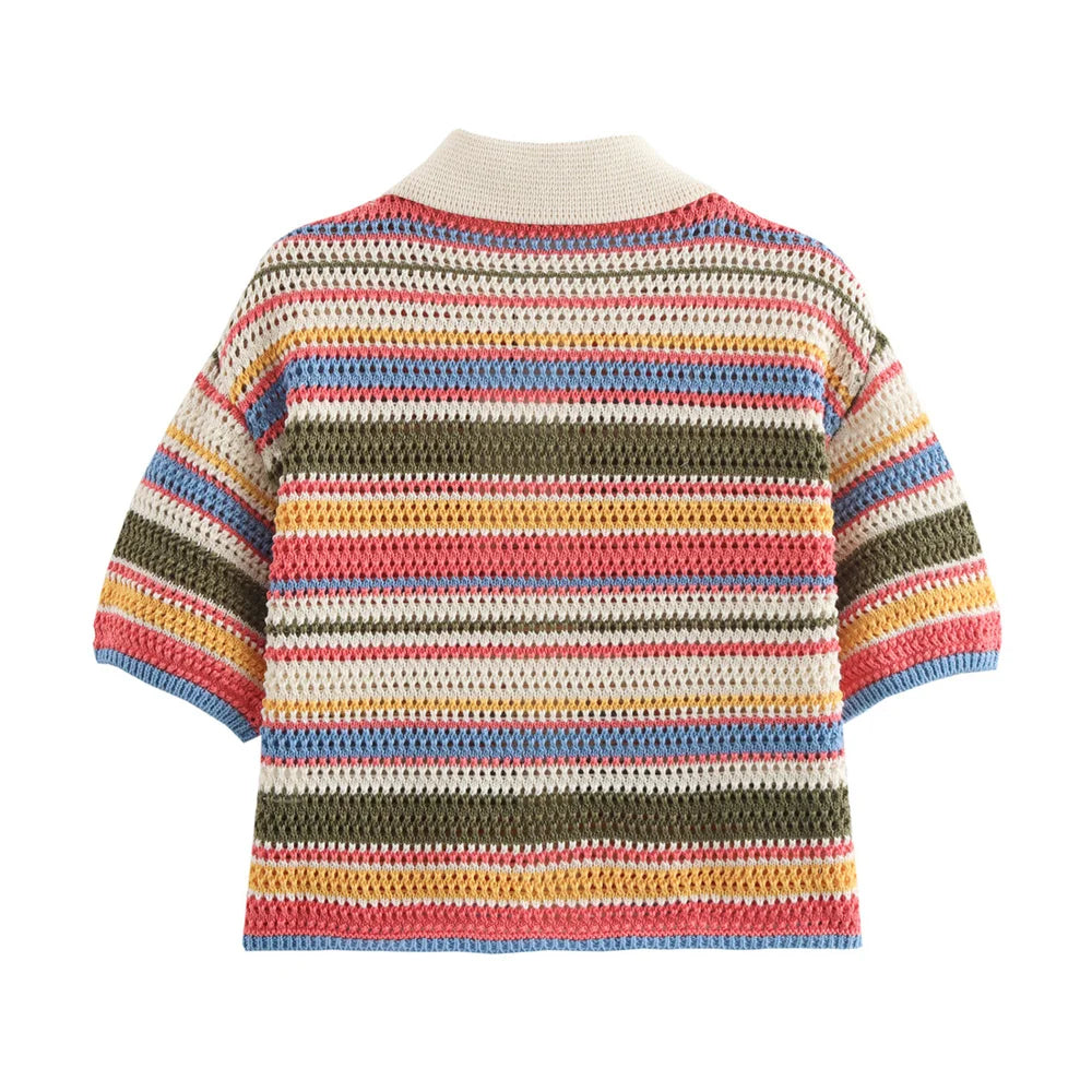 Knitted Striped Collared Cardigan & Shorts Set