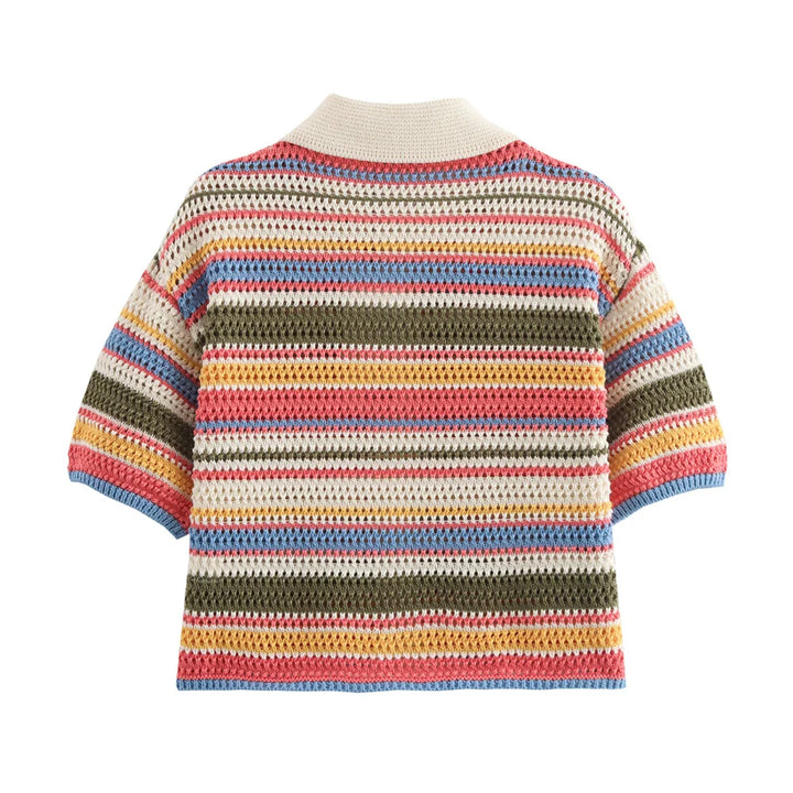 Knitted Striped Collared Cardigan & Shorts Set