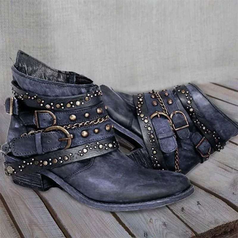 Jordan | Women’s Edgy Ankle Boots – Leather – Studded Straps – Buckle and Chain Detail