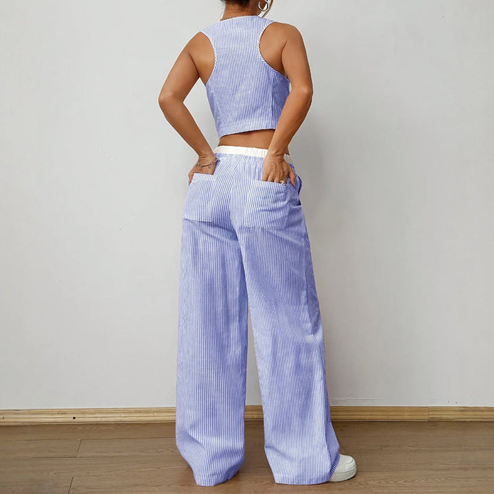 Striped V-neck Sleeveless Top & Wide Leg Pants