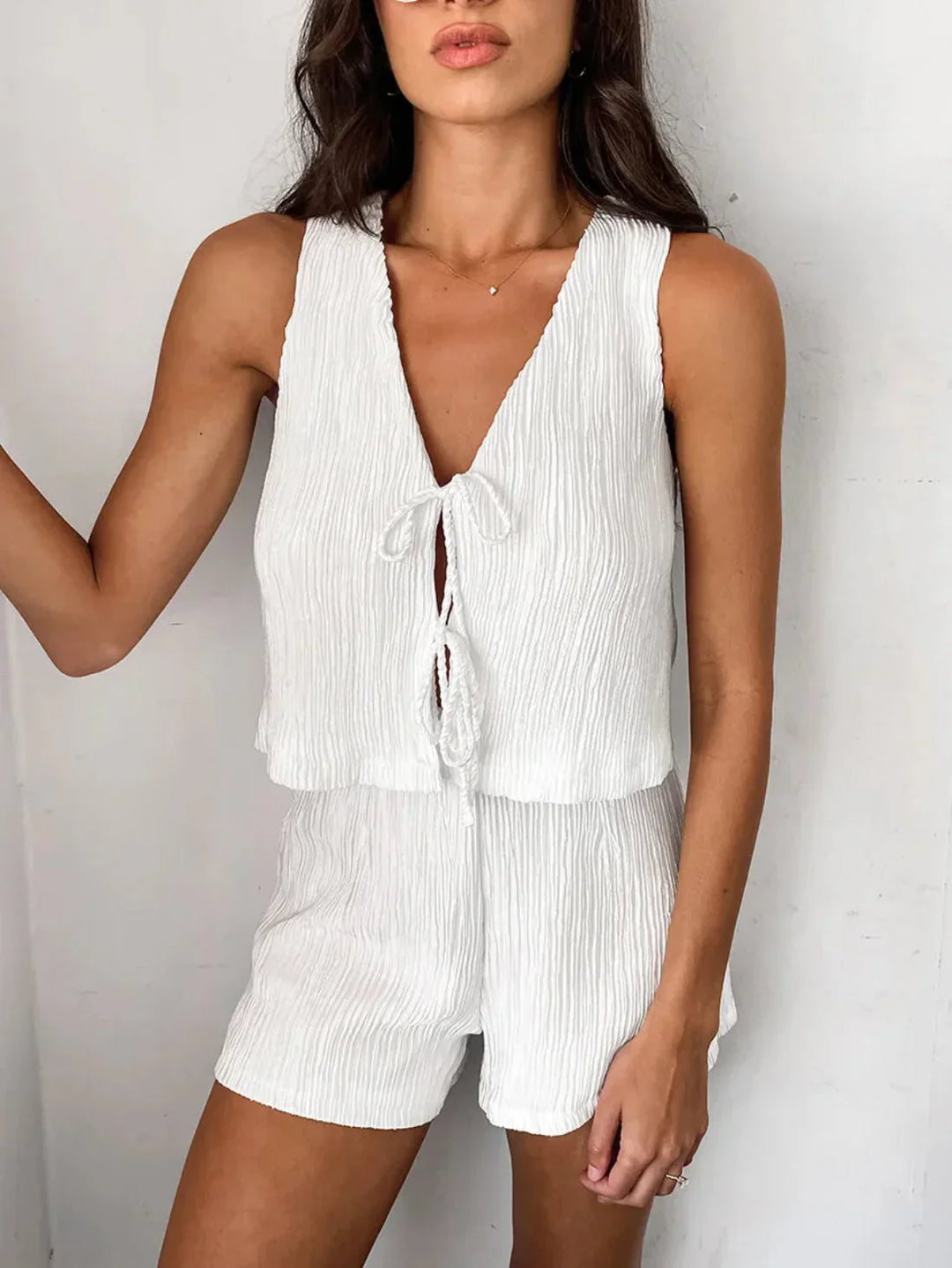 White Bubble Crepe Sleeveless Vest & Shorts Set