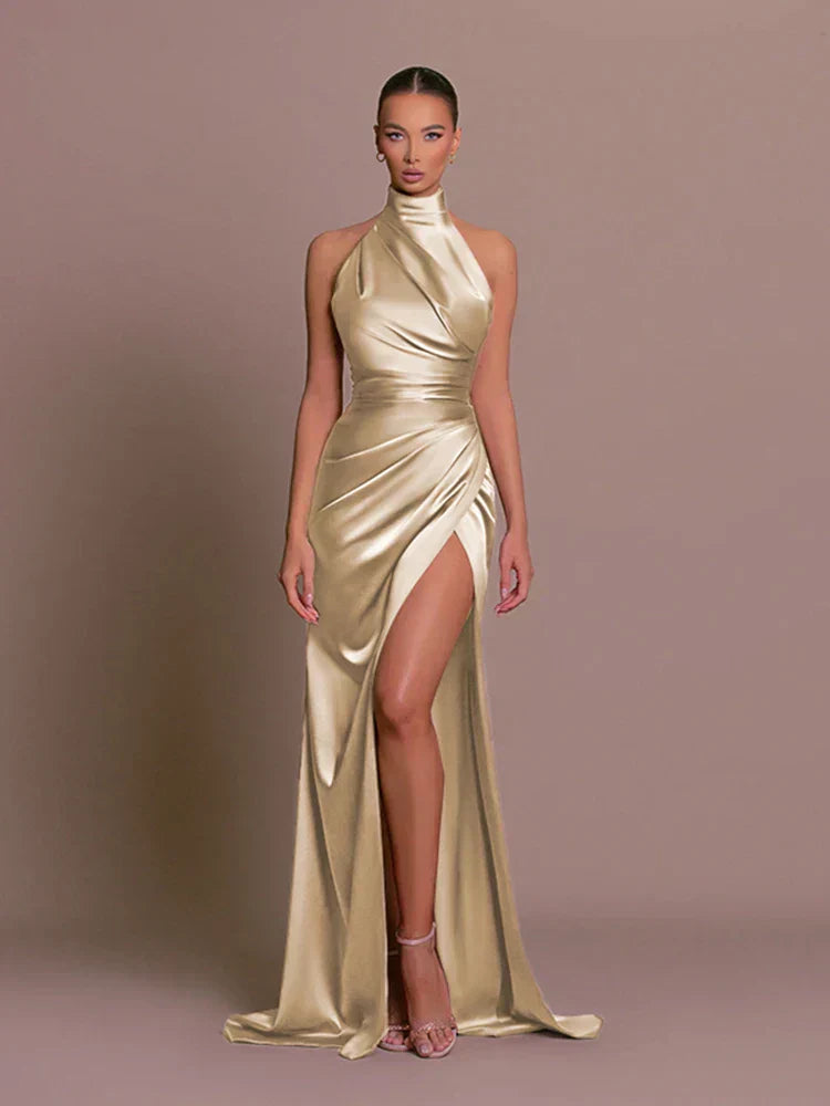 Carla | Elegant High-Slit Satin Evening Dress