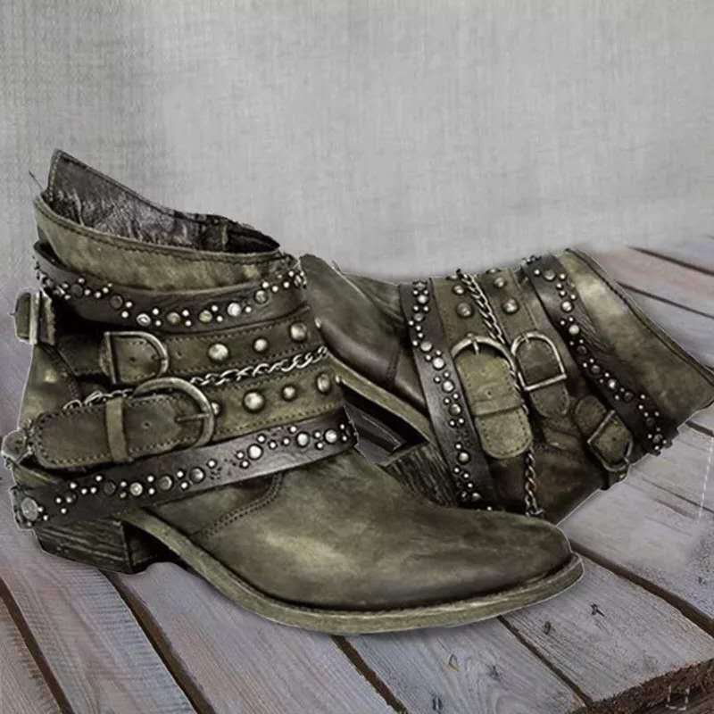 Jordan | Women’s Edgy Ankle Boots – Leather – Studded Straps – Buckle and Chain Detail