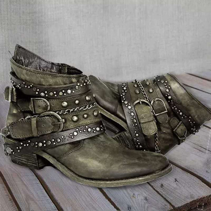 Jordan | Women’s Edgy Ankle Boots – Leather – Studded Straps – Buckle and Chain Detail