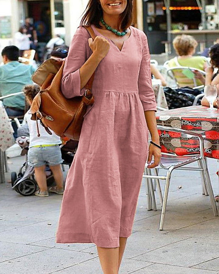 Courtney | Linen Blend Casual Midi Dress with V-Neck and Relaxed Fit