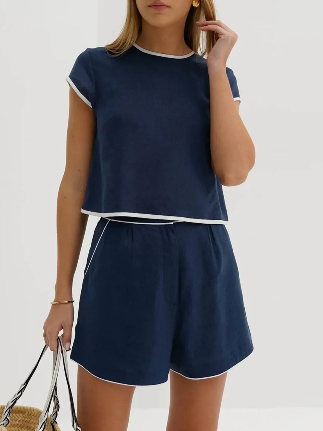 Pure Cotton Contrast Trim Shorts Set