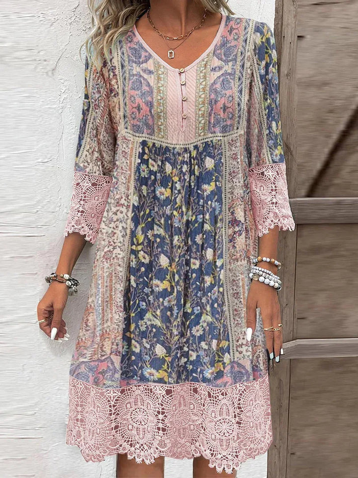Jane | Floral Midi Dress with Lace and V-Neck