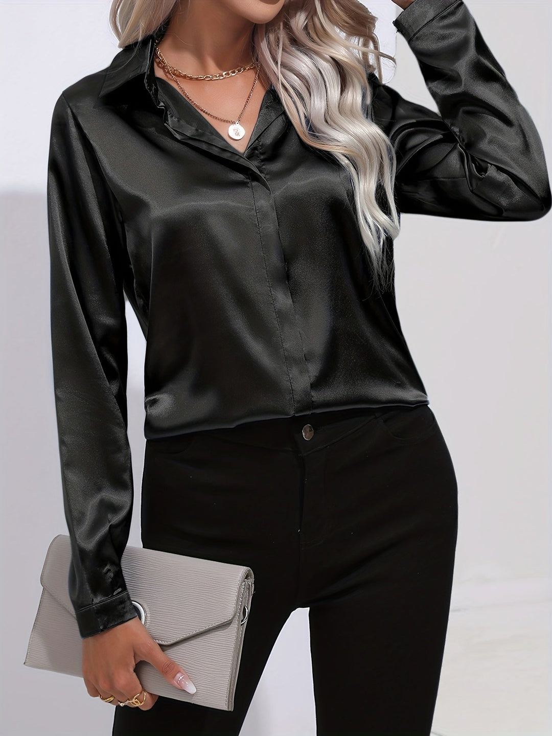 Gabriella | Women's Elegant Shiny Long Sleeve Button-Up Shirt
