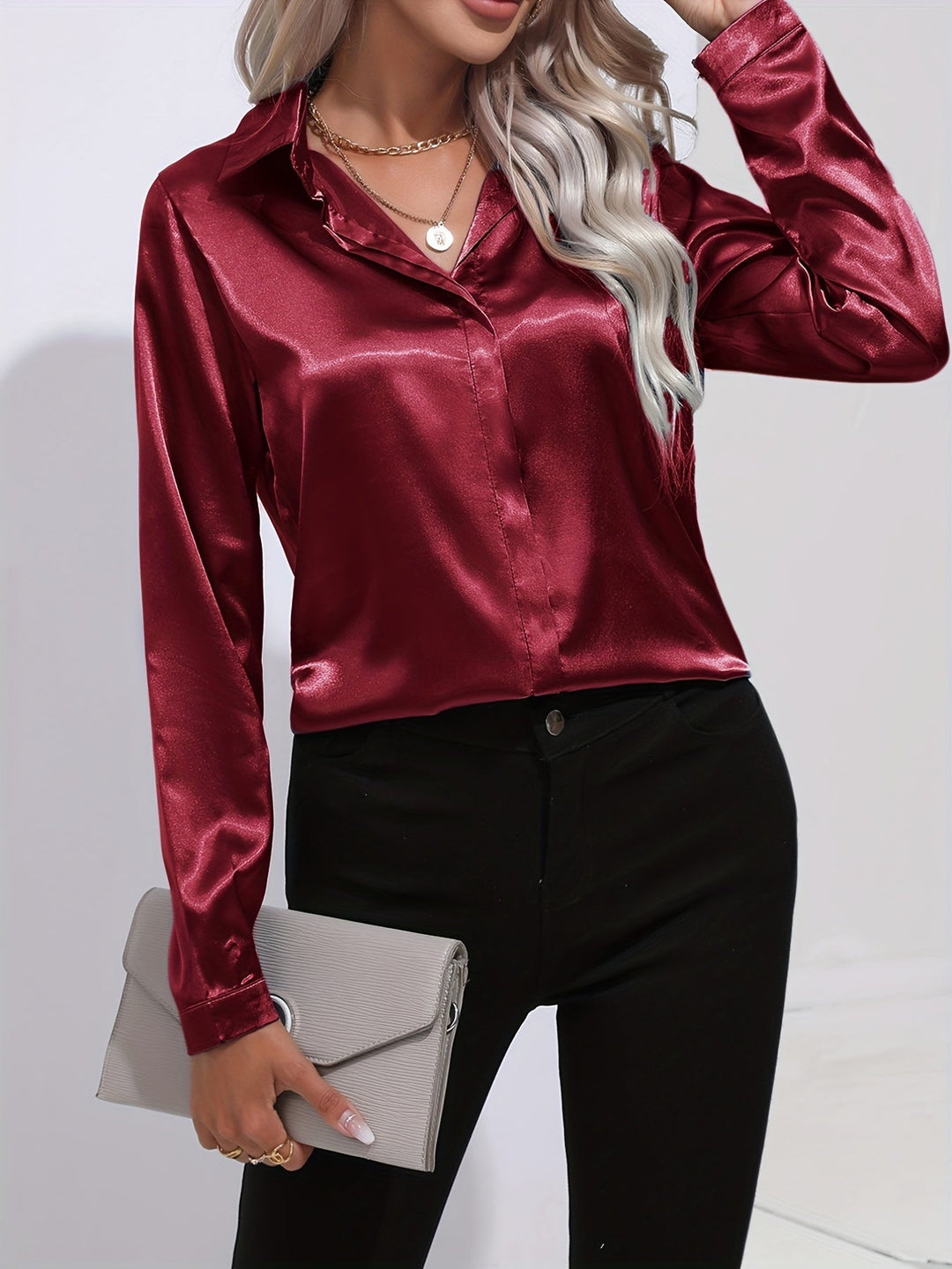 Gabriella | Women's Elegant Shiny Long Sleeve Button-Up Shirt
