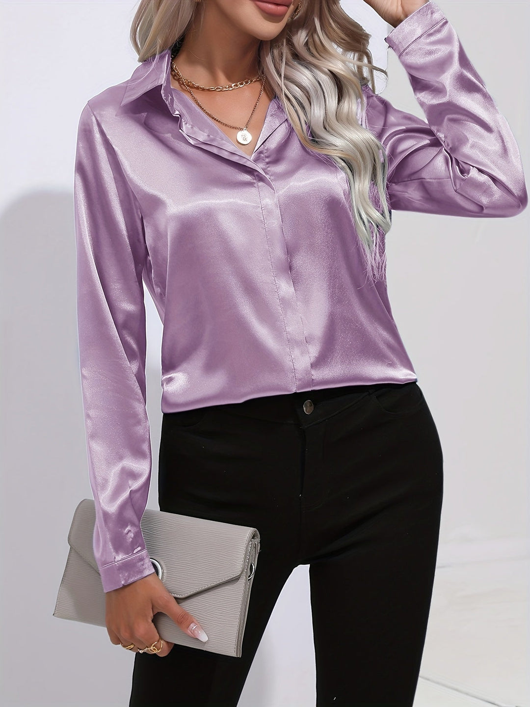 Gabriella | Women's Elegant Shiny Long Sleeve Button-Up Shirt