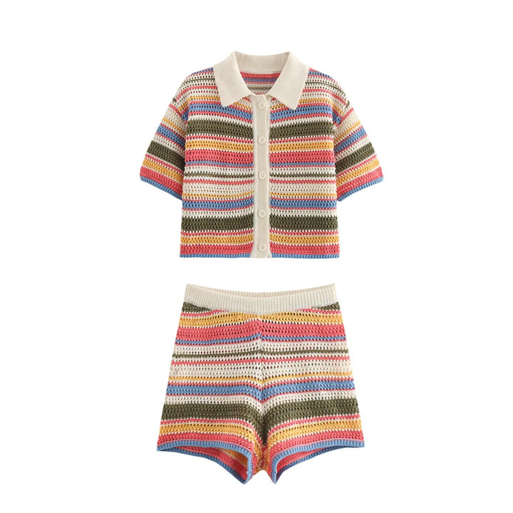 Knitted Striped Collared Cardigan & Shorts Set