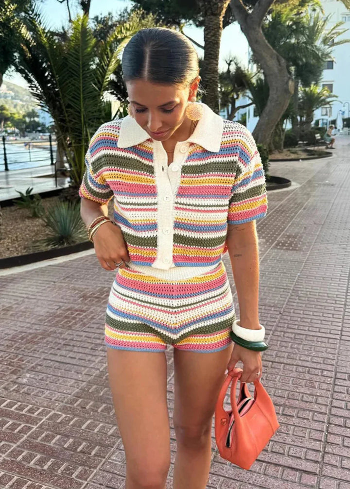 Knitted Striped Collared Cardigan & Shorts Set