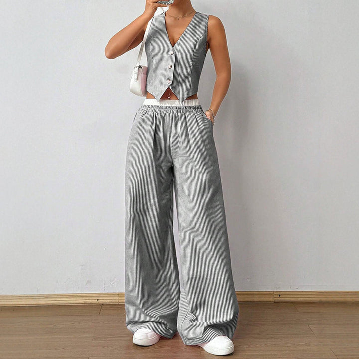 Striped V-neck Sleeveless Top & Wide Leg Pants