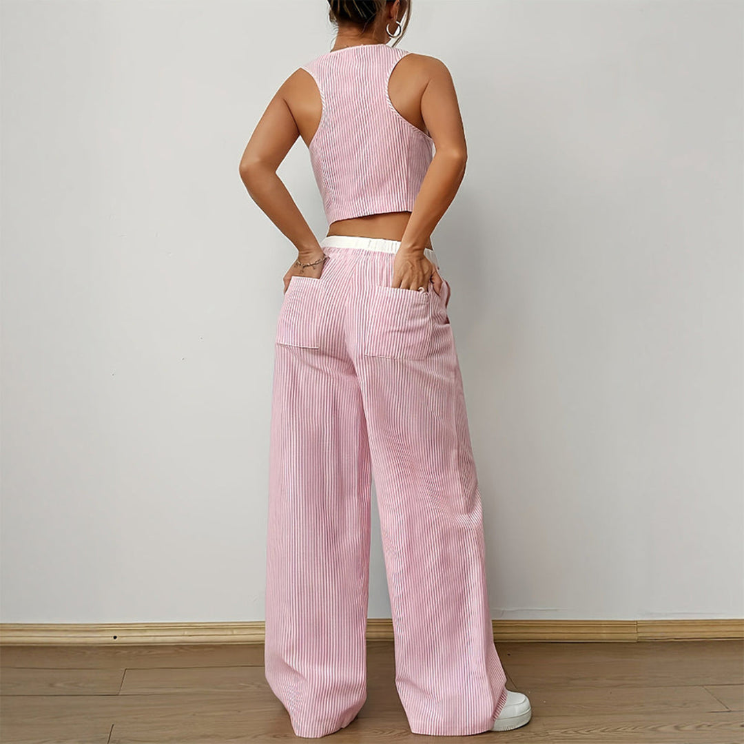 Striped V-neck Sleeveless Top & Wide Leg Pants