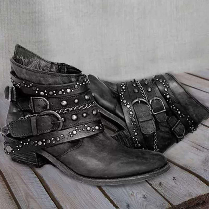 Jordan | Women’s Edgy Ankle Boots – Leather – Studded Straps – Buckle and Chain Detail