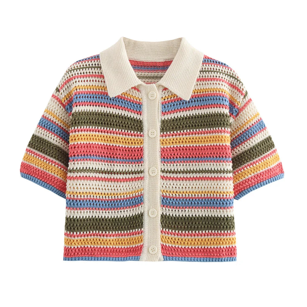 Knitted Striped Collared Cardigan & Shorts Set