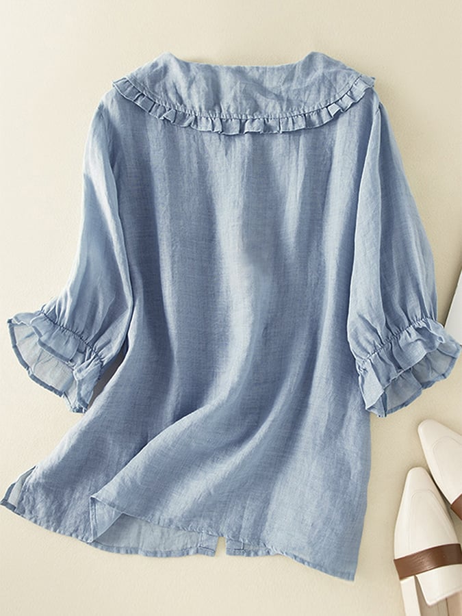 Lillian | Women's Stylish Cotton Linen Loose Ruffled Neck Shirt