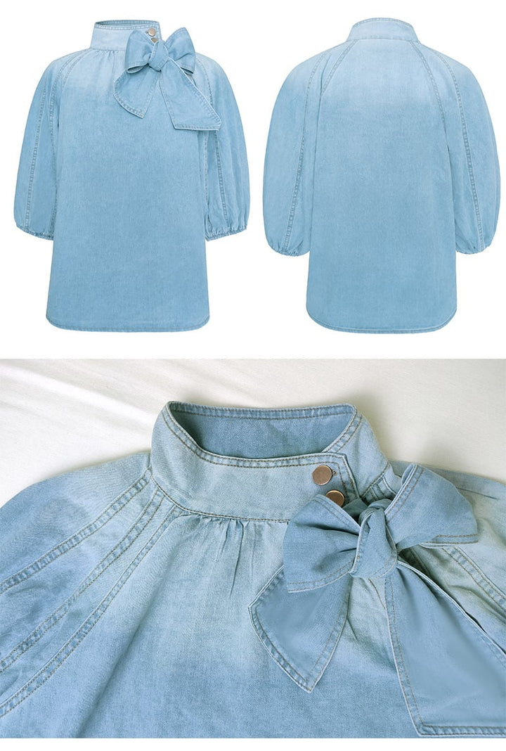 Destiny | Women's blouse with stand-up collar, feminine bow detail & modern balloon sleeves - stylish blouse for an elegant look