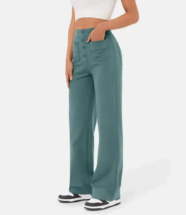 Aimee | High Waist Relaxed Leg Trousers with Button Detail