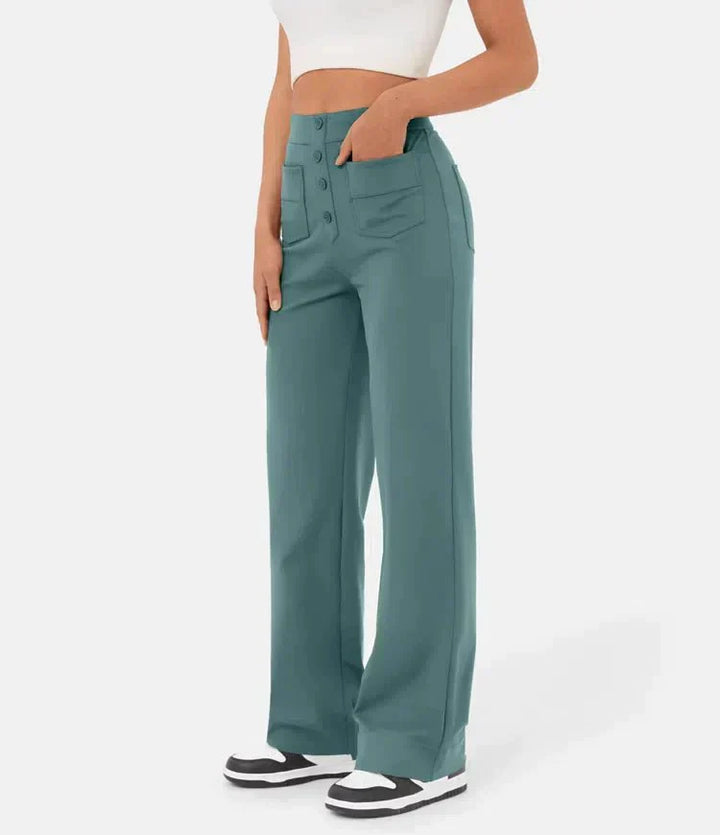 Aimee | High Waist Relaxed Leg Trousers with Button Detail