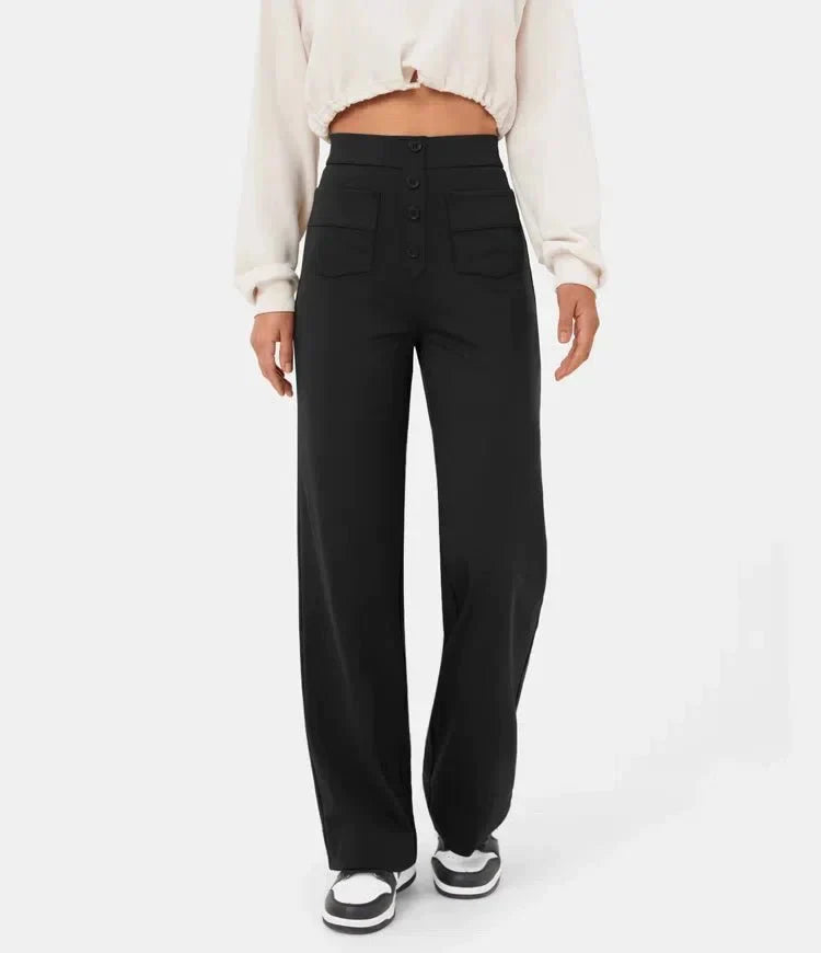 Aimee | High Waist Relaxed Leg Trousers with Button Detail