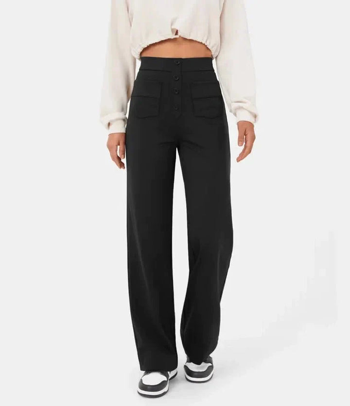 Aimee | High Waist Relaxed Leg Trousers with Button Detail