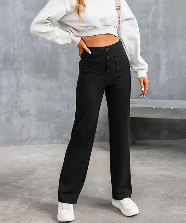 Aimee | High Waist Relaxed Leg Trousers with Button Detail