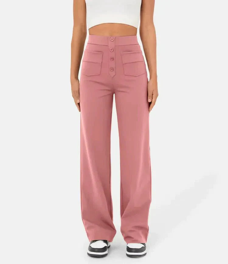Aimee | High Waist Relaxed Leg Trousers with Button Detail