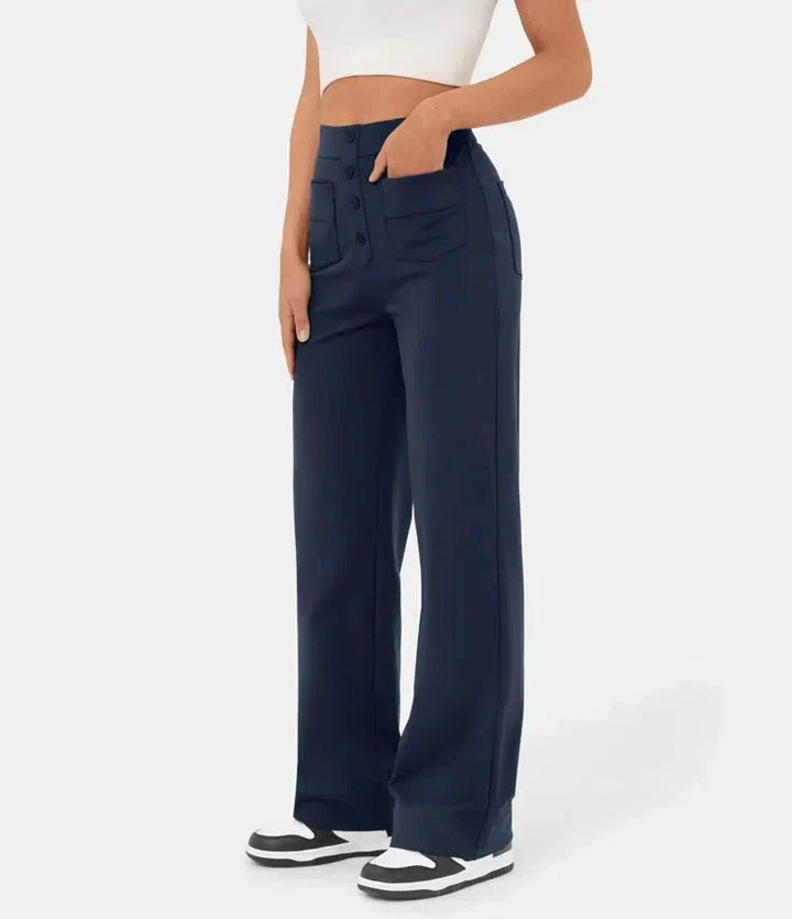 Aimee | High Waist Relaxed Leg Trousers with Button Detail