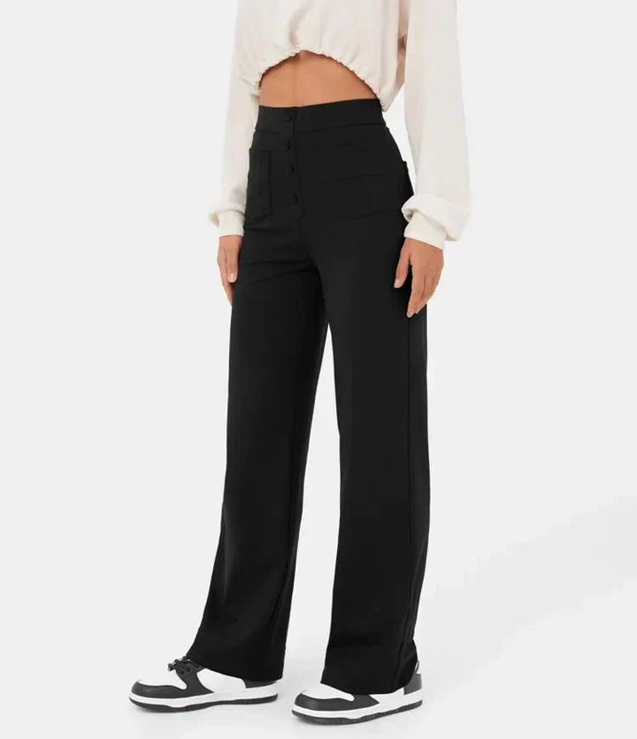 Aimee | High Waist Relaxed Leg Trousers with Button Detail