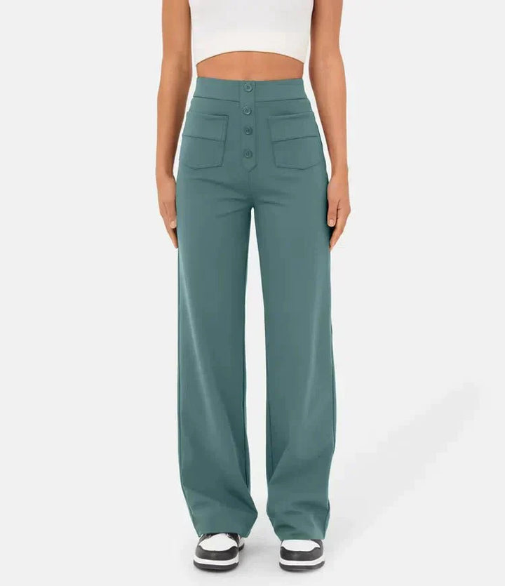 Aimee | High Waist Relaxed Leg Trousers with Button Detail