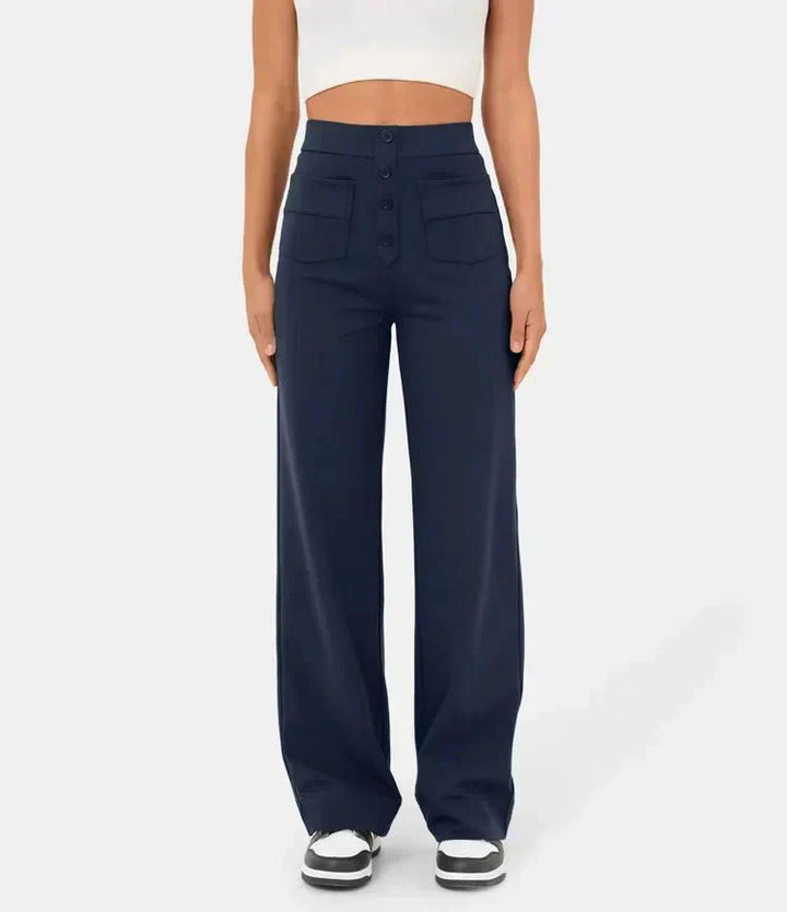 Aimee | High Waist Relaxed Leg Trousers with Button Detail