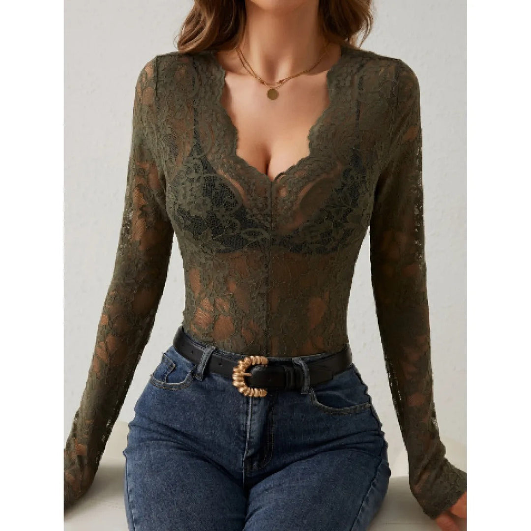 Roberta | V-Neck Transparent Long Sleeve Lace Blouse with Floral Details